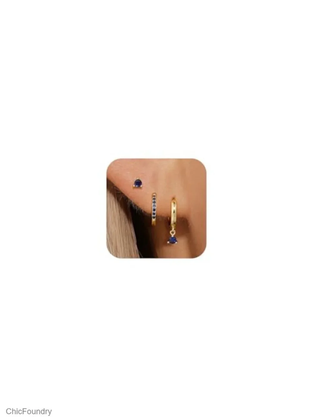 Sterling Silver 14K Gold Plated Huggie Hoop Earring Set - 3 Pairs Blue CZ